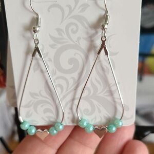 Silver and Turquoise Beaded Heart Earrings